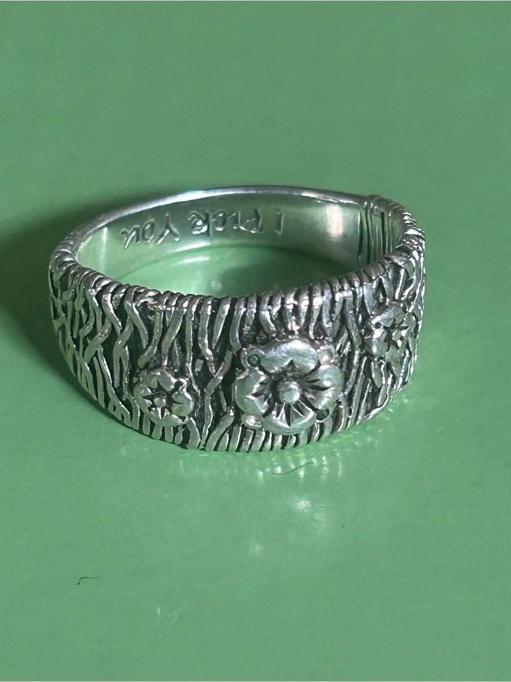 Sterling Silver Floral Textured Band Ring - Silver
